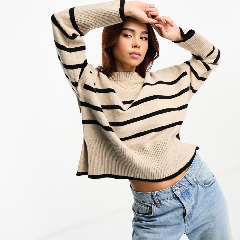 Bershka Beige and Black Striped Sweater Small
